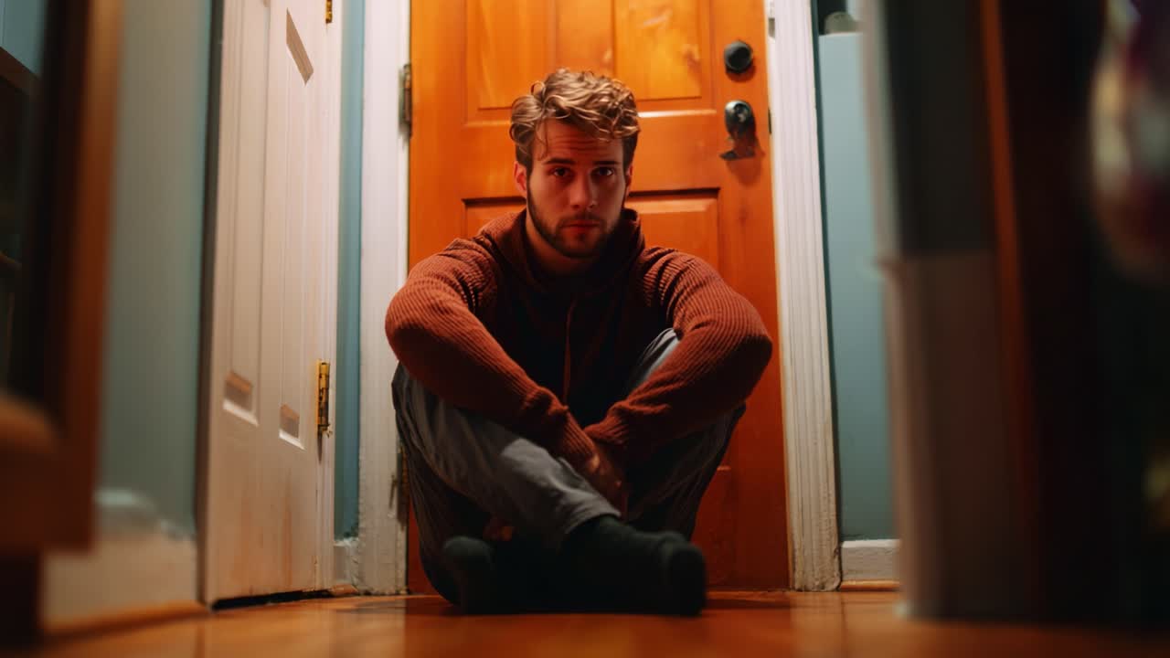 Um momento contemplativo capturado em um corredor aconchegante, apresentando um jovem sentado no chão, perdido em pensamentos tendo como plano de fundo uma porta de madeira iluminada.