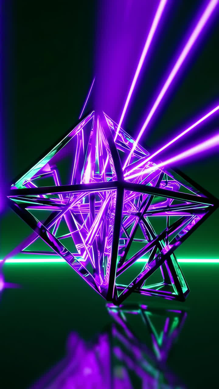 Abstract Geometric Structure with Neon Purple and Green Lasers