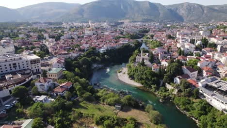 Aerial-View-of-Mostar-Old-Town-and-River-Neretva,-Bosnia