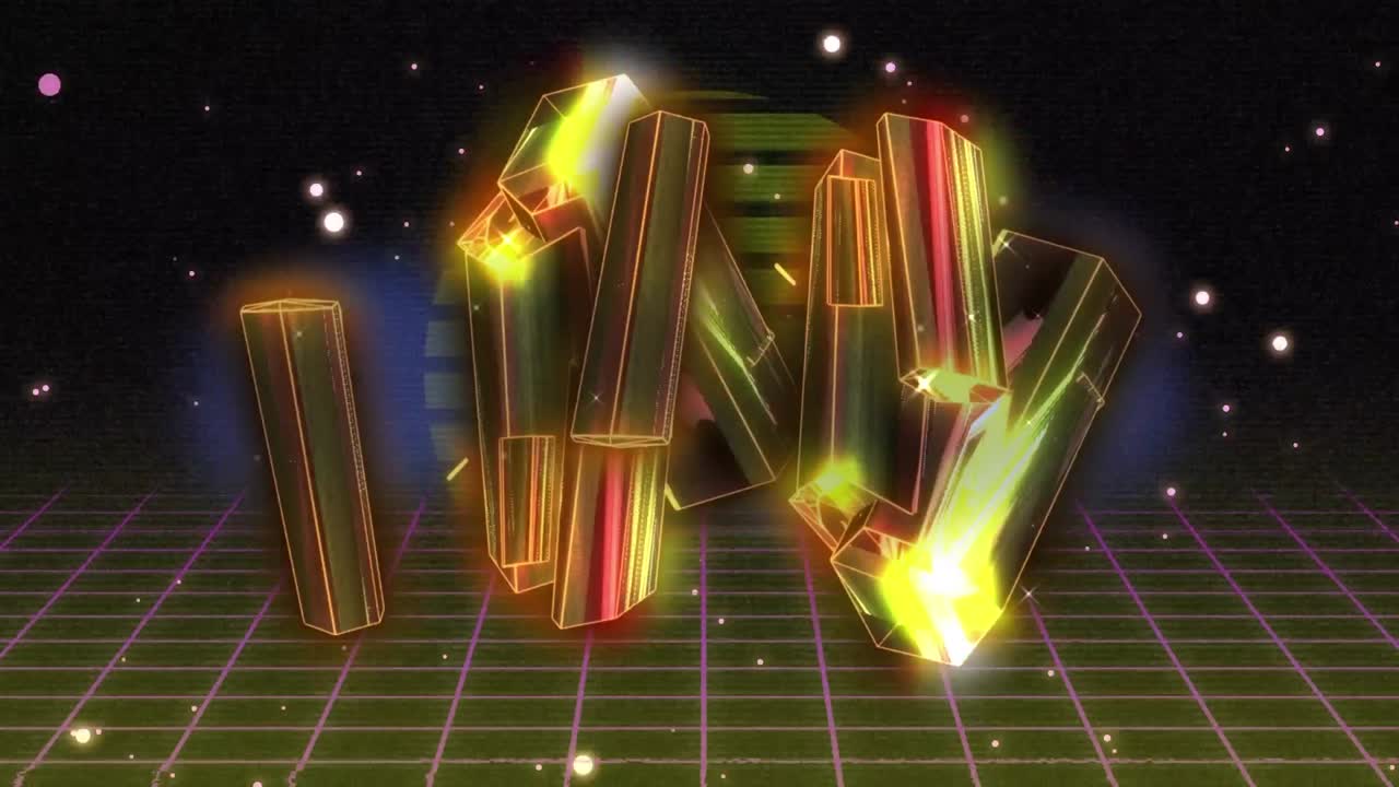 태양과 디지털 공간 위에서 회전하는 금 블록의 애니메이션.