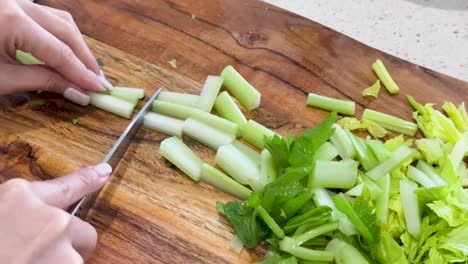 hands use a kitchen knife to cut celery stalks into pieces on a wooden cutting board in a brightly lit kitchen, overhead perspective