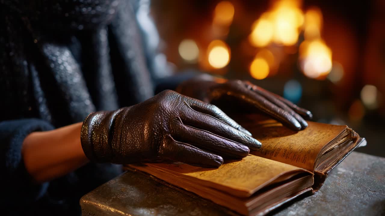 Uma mão enluvada toca suavemente as páginas de um livro antigo, capturando um momento de reflexão sob o brilho aconchegante de uma lareira, unindo conforto e mistério em uma atmosfera acolhedora