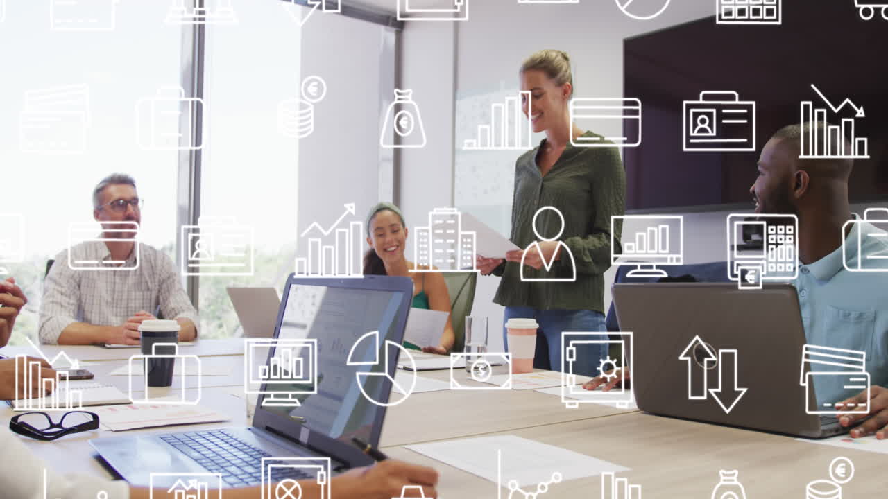 Animation of multiple icons over diverse coworkers sharing ideas in meeting at office