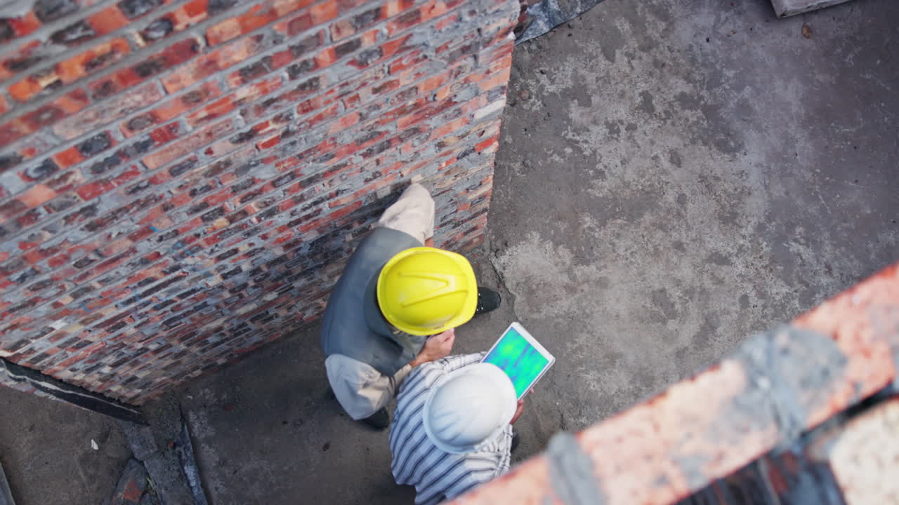 Construction workers reviewing plans on site