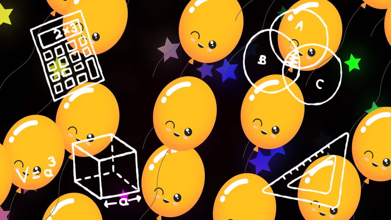 검은색 배경에 있는 풍선과 별 위에 있는 학교 아이콘의 애니메이션