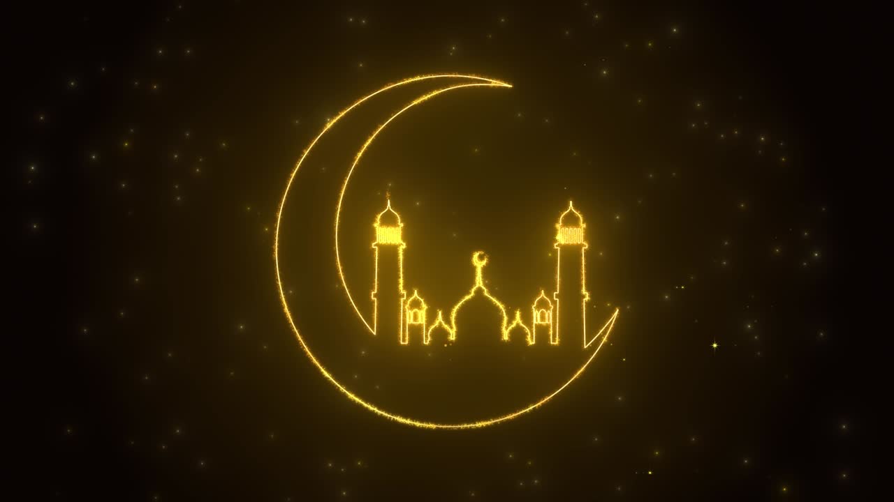 brillantes chispas creando un fondo con brillante brillo dorado creando mágicamente la luna y la mezquita.