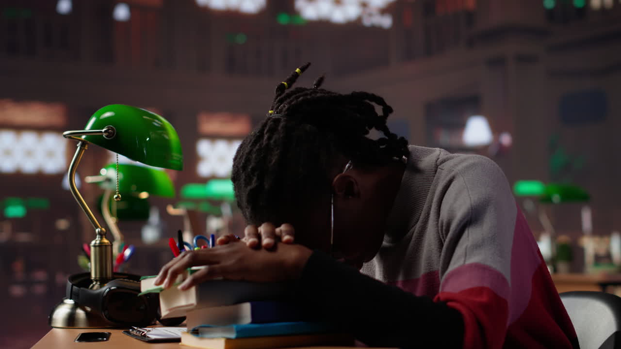 Vertical video female pupil struggling to stay focused and awake while researching