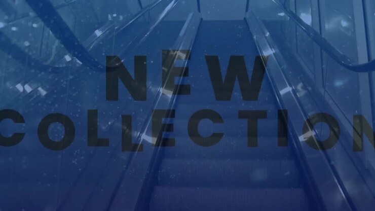 Animatie van tekst 'nieuwe collectie' in zwart, over een bewegende roltrap in blauw, met knipperende kleuren