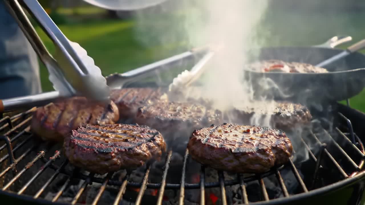 Sizzling Grill Feast: Perfectly Grilled Burgers with Smoky Flavor and Charred Marks, Ideal for Outdoor Gatherings and Summer Cookouts