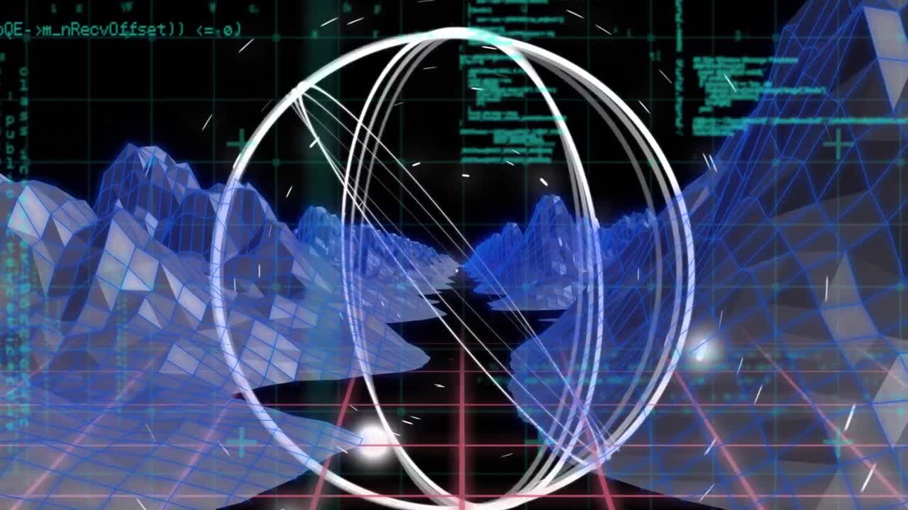 Animation of circles spinning on 3d wireframe mountains against data processing on digital interface