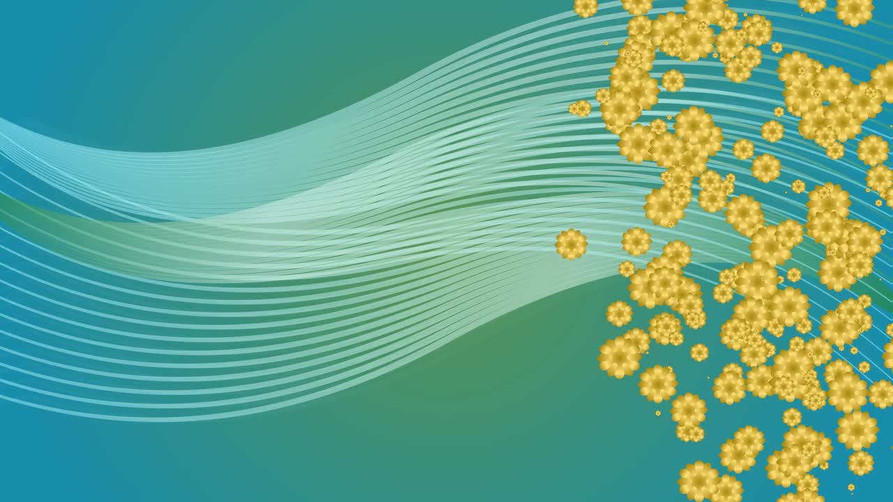 파란색과 초록색의 추상적인 배경에는 파동하는 선과 황금색의 작은 꽃 입자가 있습니다.