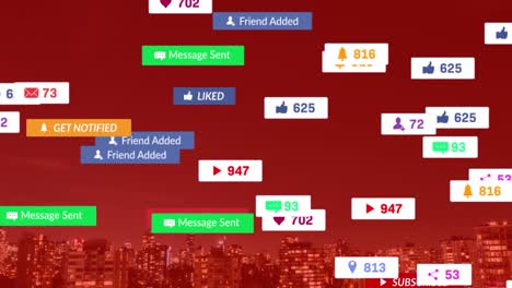 animation of falling social media icons and emojis over cityscape