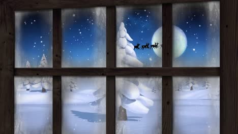 Fenster-Gegen-Schneefall-Und-Weihnachtsmann-Im-Schlitten,-Der-Von-Rentieren-In-Der-Winterlandschaft-Gezogen-Wird