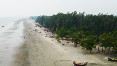 Aerial-Revealed-Traditional-Fishing-Boat-At-The-Seashore-Of-Kuakata-Sea-Beach-In-Bangladesh