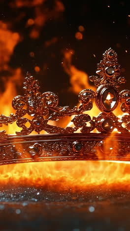 golden crown surrounded by flames. a detailed golden crown is surrounded by bright, fiery flames, creating a captivating and intense visual effect.