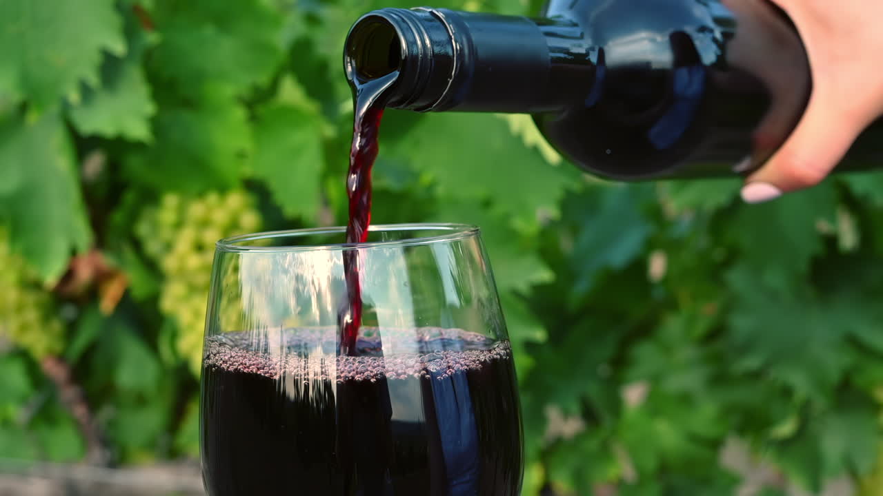 Una mano versa del vino rosso intenso in un bicchiere trasparente, circondato da vivaci vitigni verdi. La luce del sole esalta i colori, creando una calda atmosfera da vigneto.
