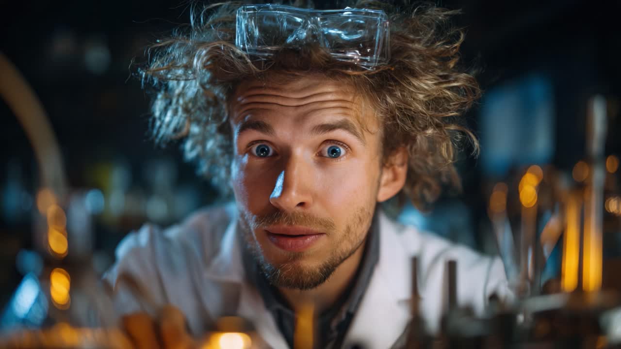 Excited Scientist Observing Chemical Reactions in a Lab: The Enthusiastic Researcher Captivated by His Experiments and Discoveries amid Bright Laboratory Lights