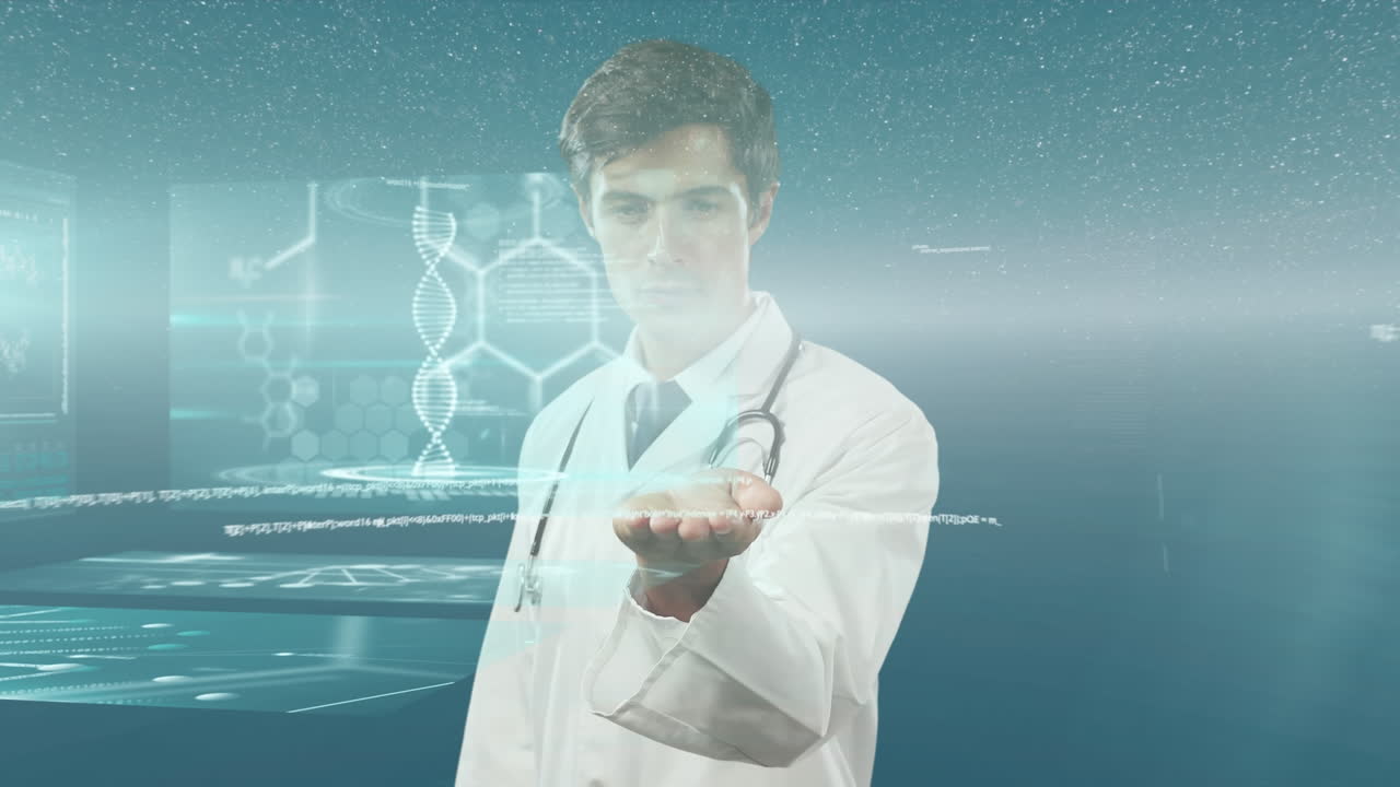 animación del procesamiento de datos sobre el médico masculino caucásico