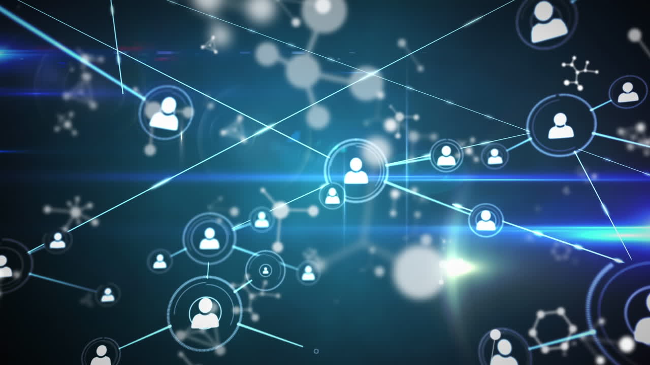 animación de moléculas y red de conexiones con iconos sobre fondo negro