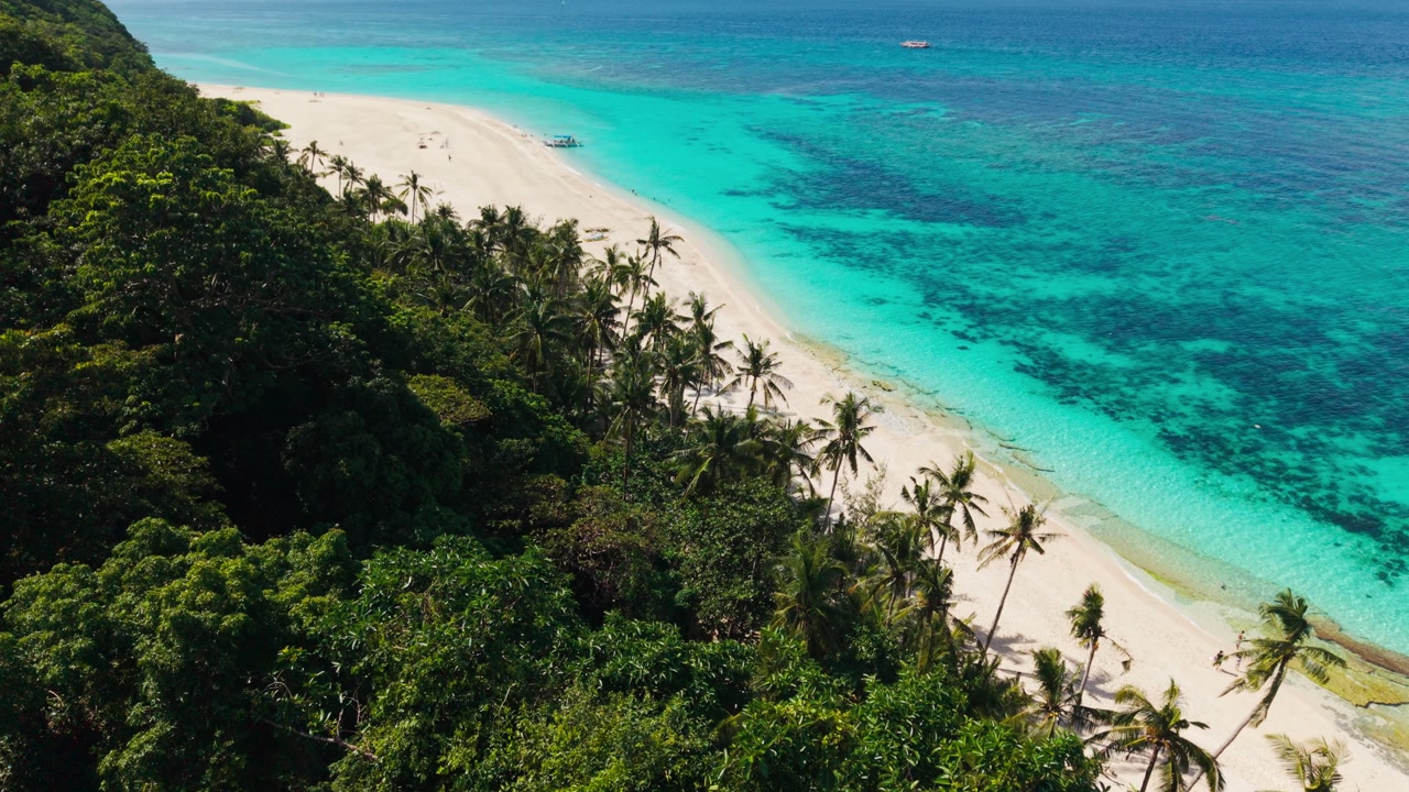 Aerial view of Puka Beach shows tropical forest edge and bright turquoise water