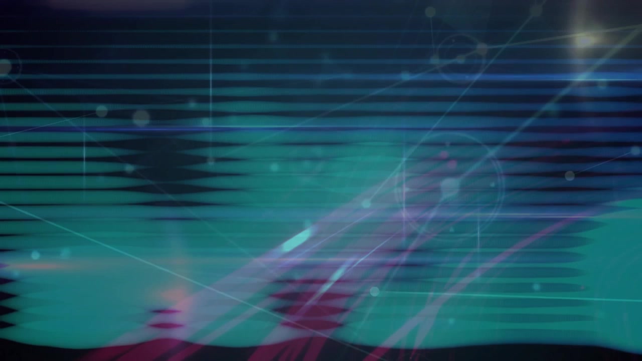 Abstract teal stripes flowing across dark data visualization scene, glowing nodes connecting