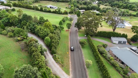 car travels through lush suburban landscape