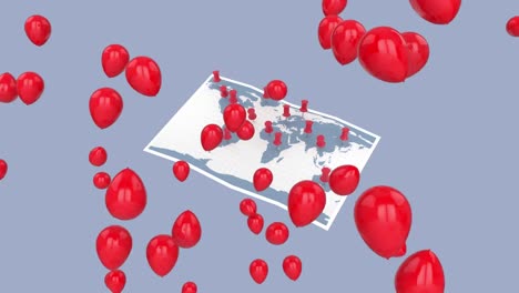 Animation-Von-Luftballons-Und-Weltkarte-Mit-Stecknadeln-Auf-Blauem-Hintergrund