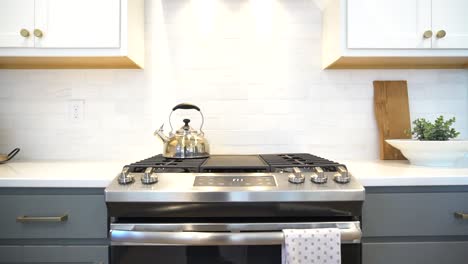 stainless steel stove with all white accents in a model kitchen