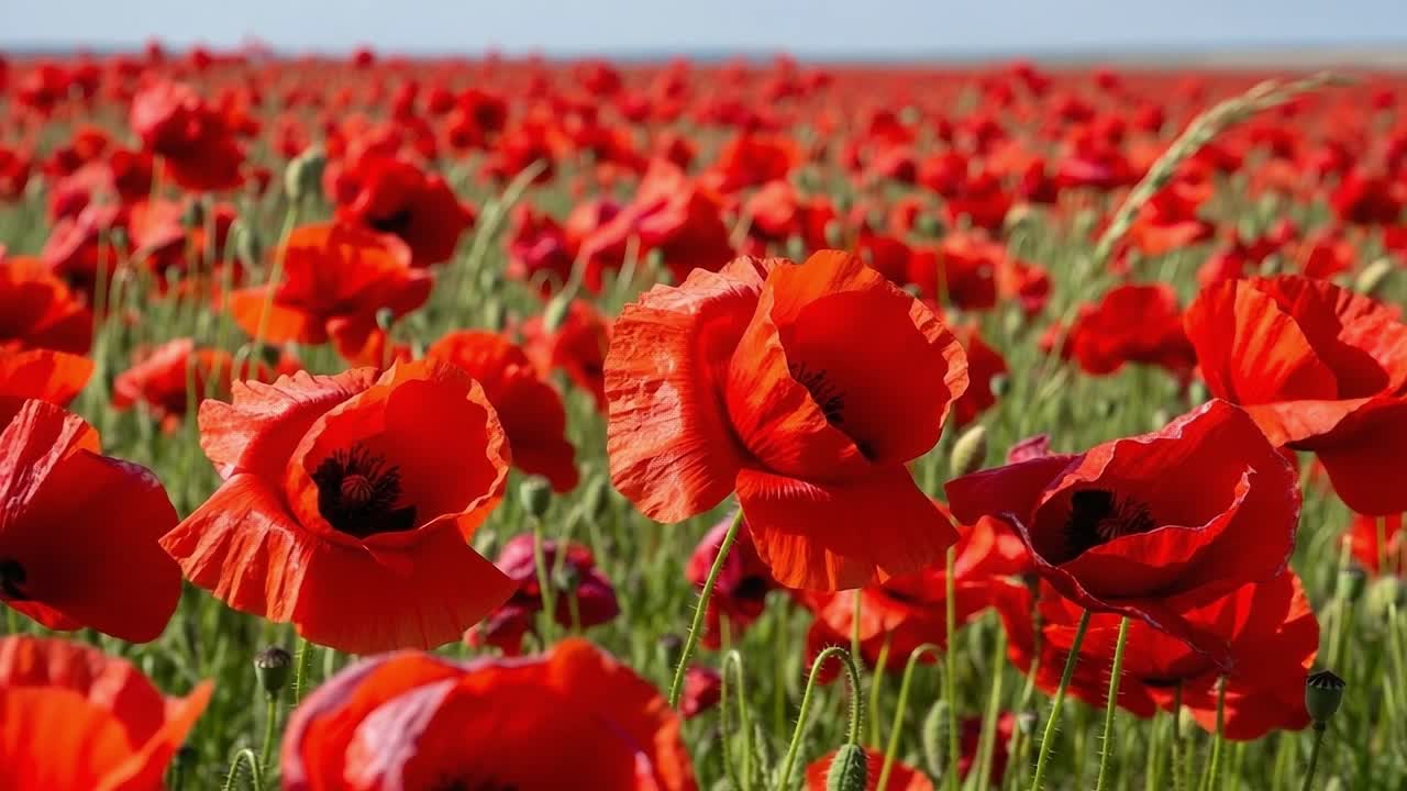 A Stunning Field of Vibrant Red Poppies in Full Bloom, Capturing the Beauty of Nature and the Essence of Floral Landscapes Under a Clear Blue Sky