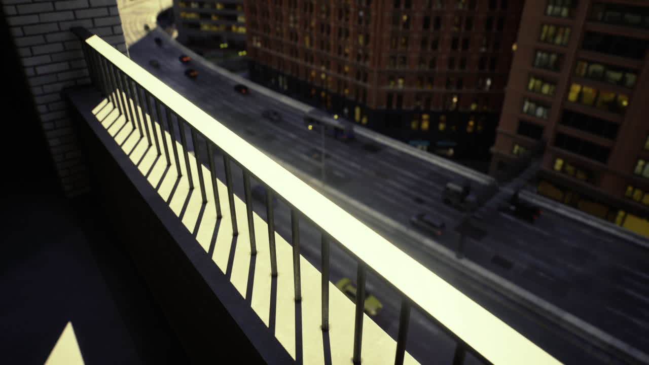 Urban balcony view showcasing city buildings and street activity at dusk
