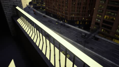 urban balcony view showcasing city buildings and street activity at dusk