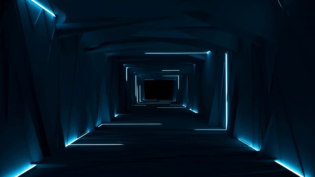 Dark Cyber Tunnel With Neon Lines And Blue Geometry, LED Accents Define Angular Frames Courier Drone Navigates