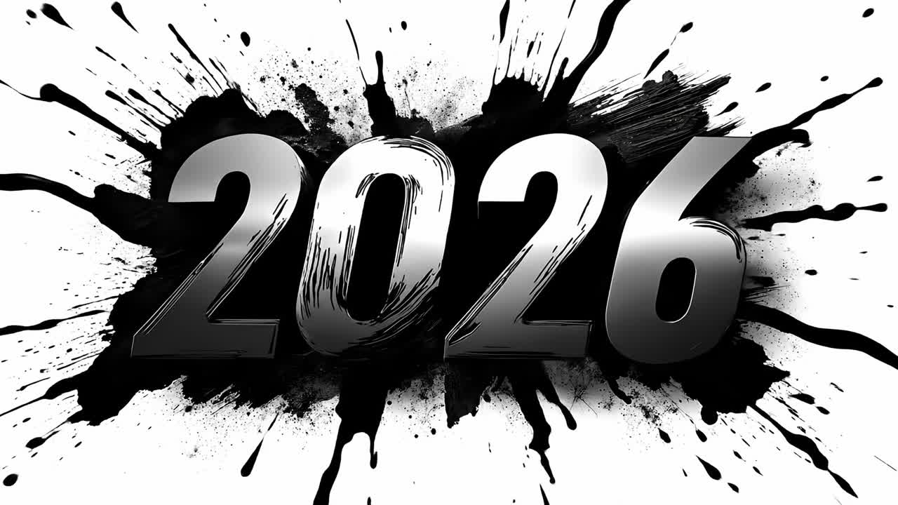 Esplosione di macchie d'inchiostro nero con numeri 2026 in grassetto