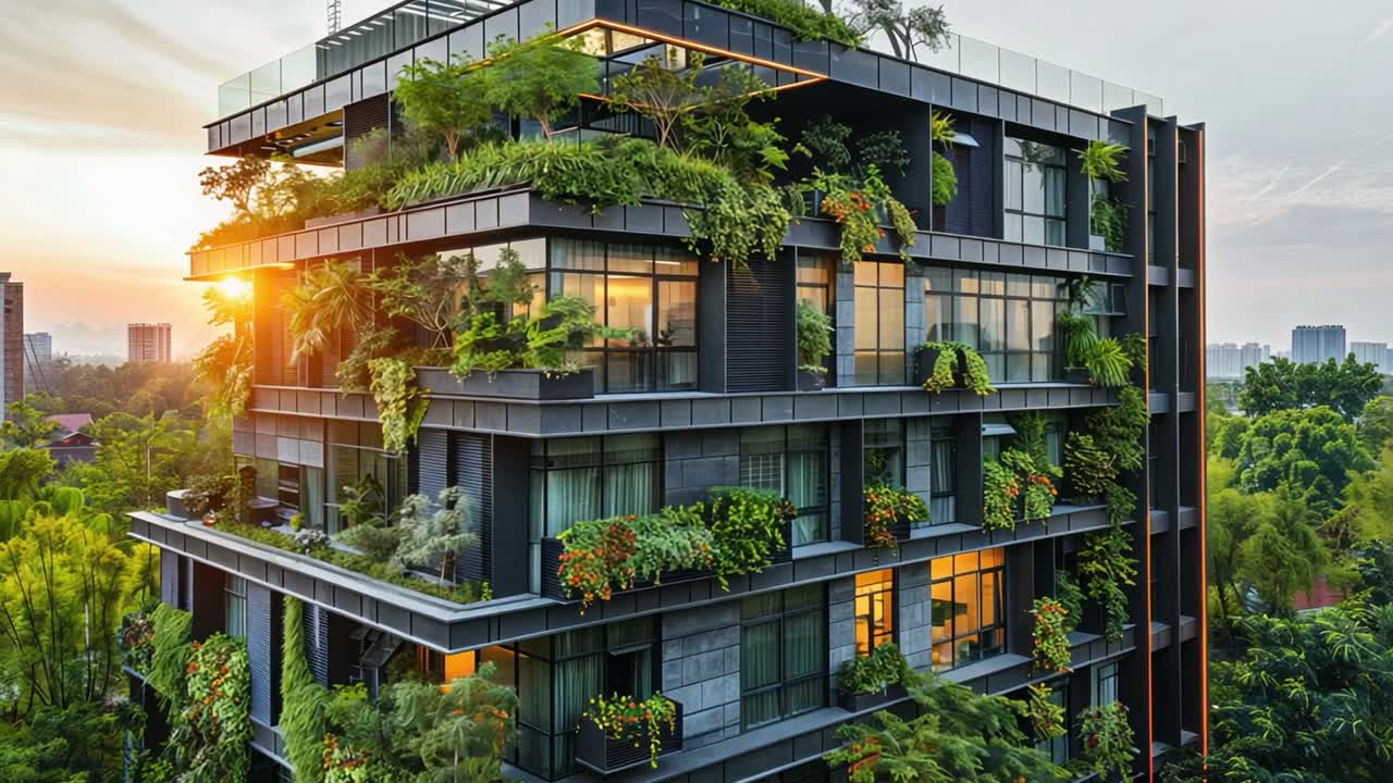 Edifício Moderno com Extensos Jardins Verticais e Terraços ao Pôr do Sol