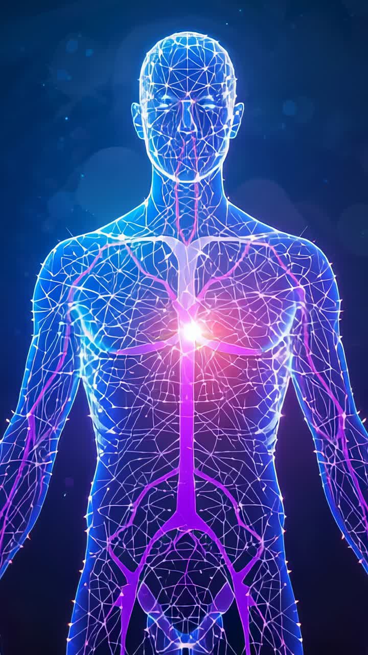 Vertical video: Starting neon torso pulsing magenta node flashing lines as camera zooming starfield