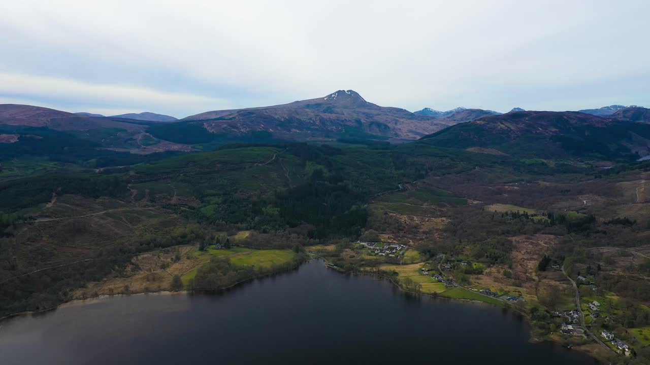 Aerial View of a Stunning Scottish Lake and Mountain Landscape