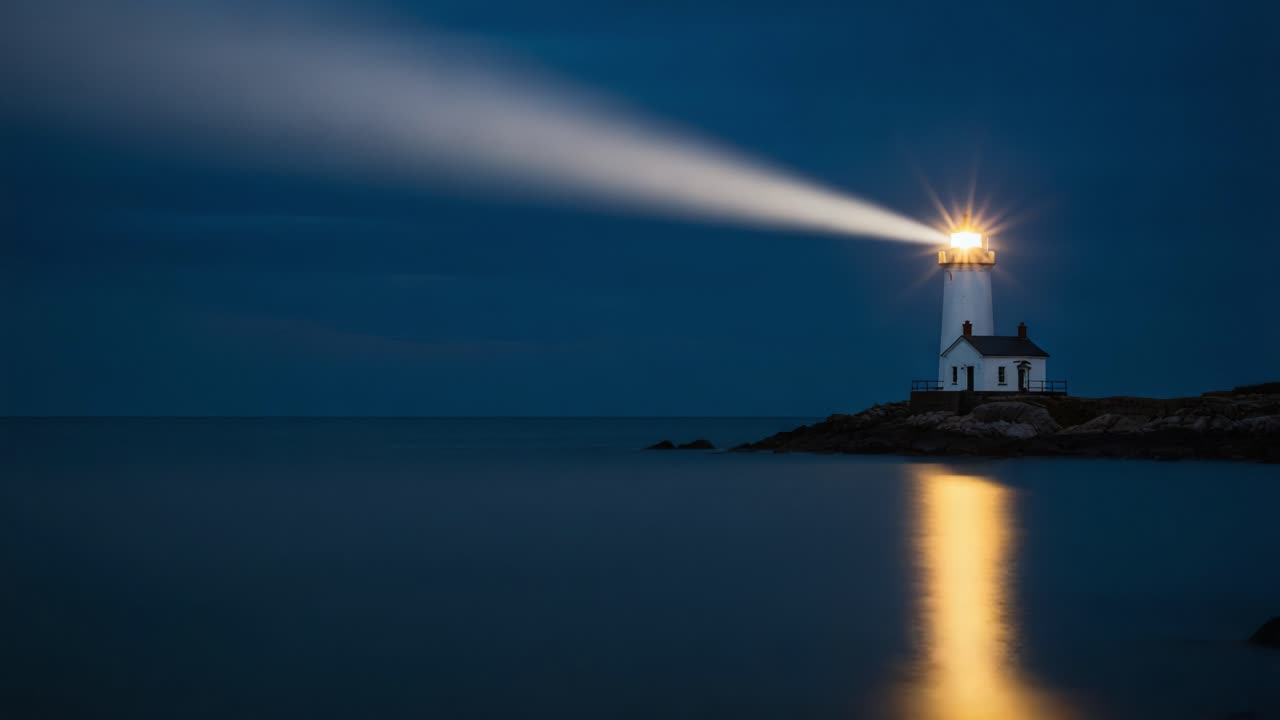 A Serene Night at the Lighthouse: Capturing the Tranquil Beauty of a Beacon Illuminating the Dark Waters, Guiding Ships Through Calming Waves Under a Gentle Sky