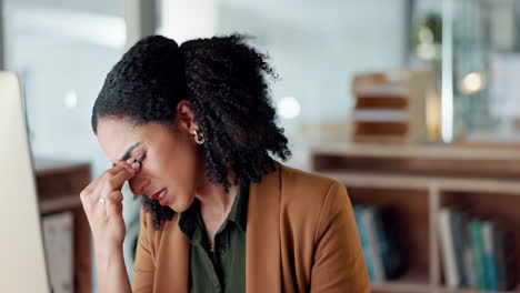 business woman, headache and stress on computer