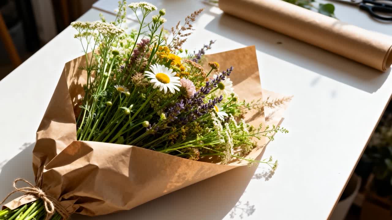 Spostamento della camera su un bouquet avvolto mentre la luce del sole si muove sulla scrivania proiettando ombre con le forbici