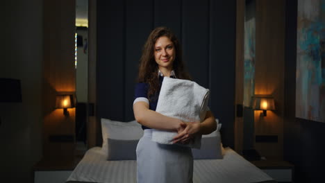 a hotel maid smiles and holds a towel in her hands in a hotel room