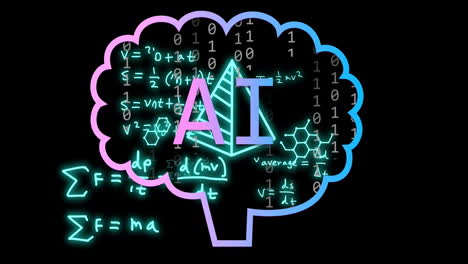 Animation-Von-KI-Text,-Gehirn-Und-Datenverarbeitung-Auf-Schwarzem-Hintergrund