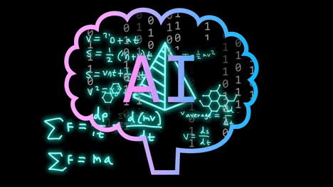 Animation of ai text, brain and data processing over black background