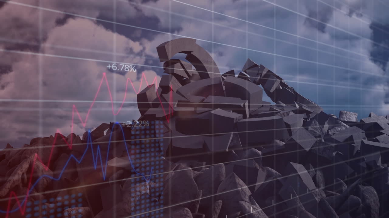 animación del procesamiento de datos financieros sobre el símbolo del euro roto y el cielo con nubes