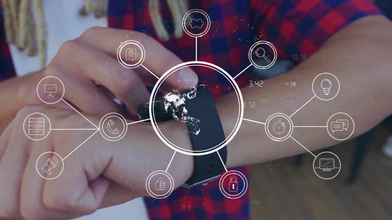 스마트 워치를 사용하여 사람 위의 아이콘과 연결 네트워크의 애니메이션