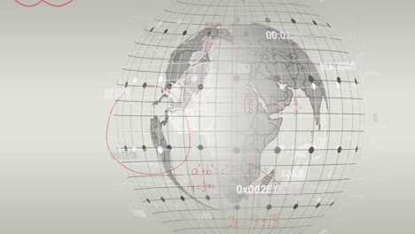 Animation-of-mathematical-equations-floating-over-spinning-globe-against-grey-background