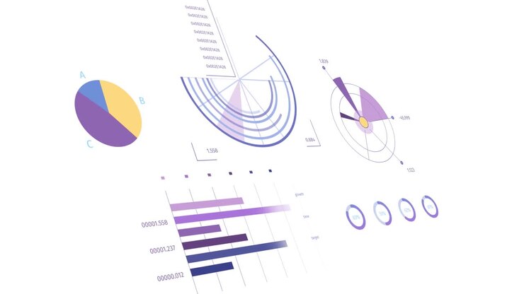 Animation of statistics, graphs and financial data processing over white background