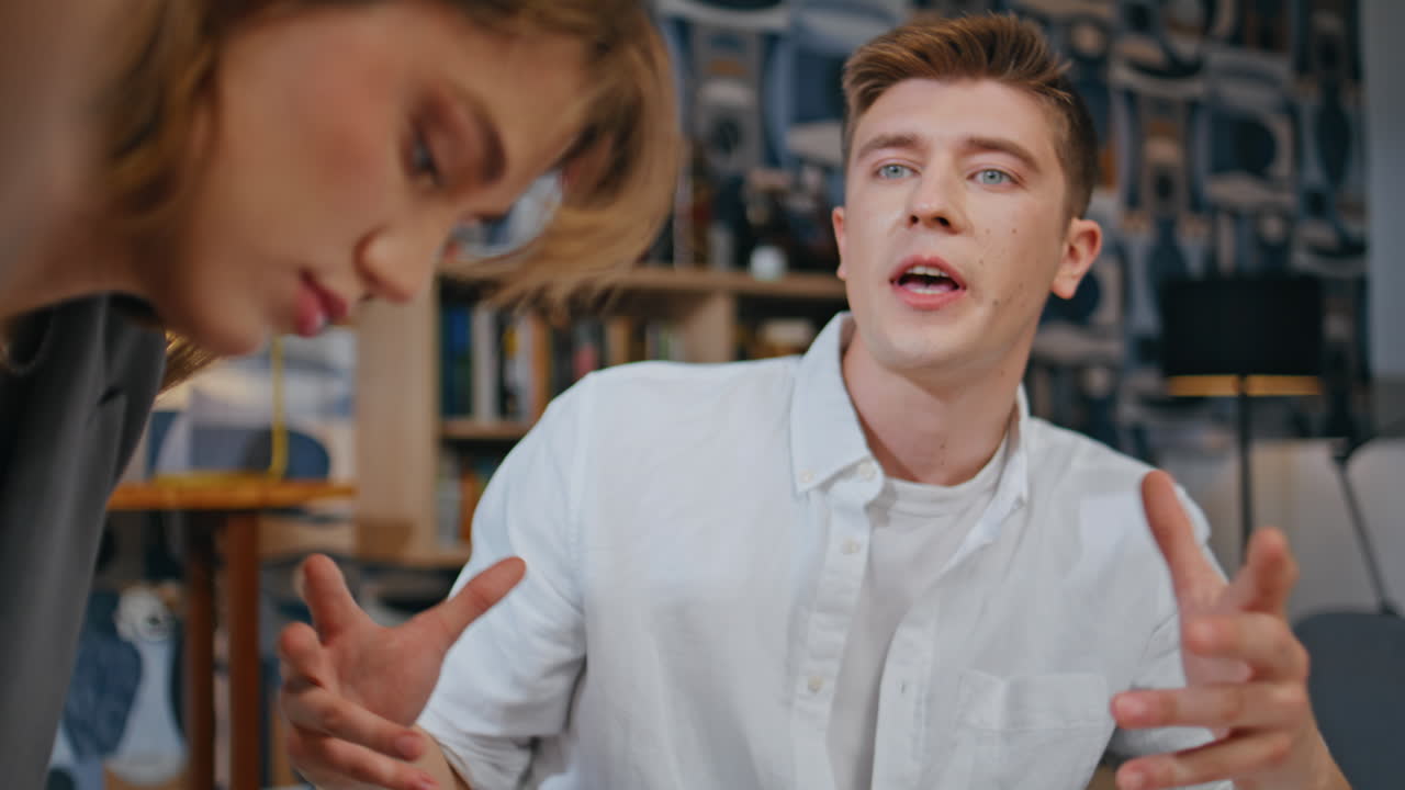 Creative man talking colleague at office closeup. Startup partners brainstorming