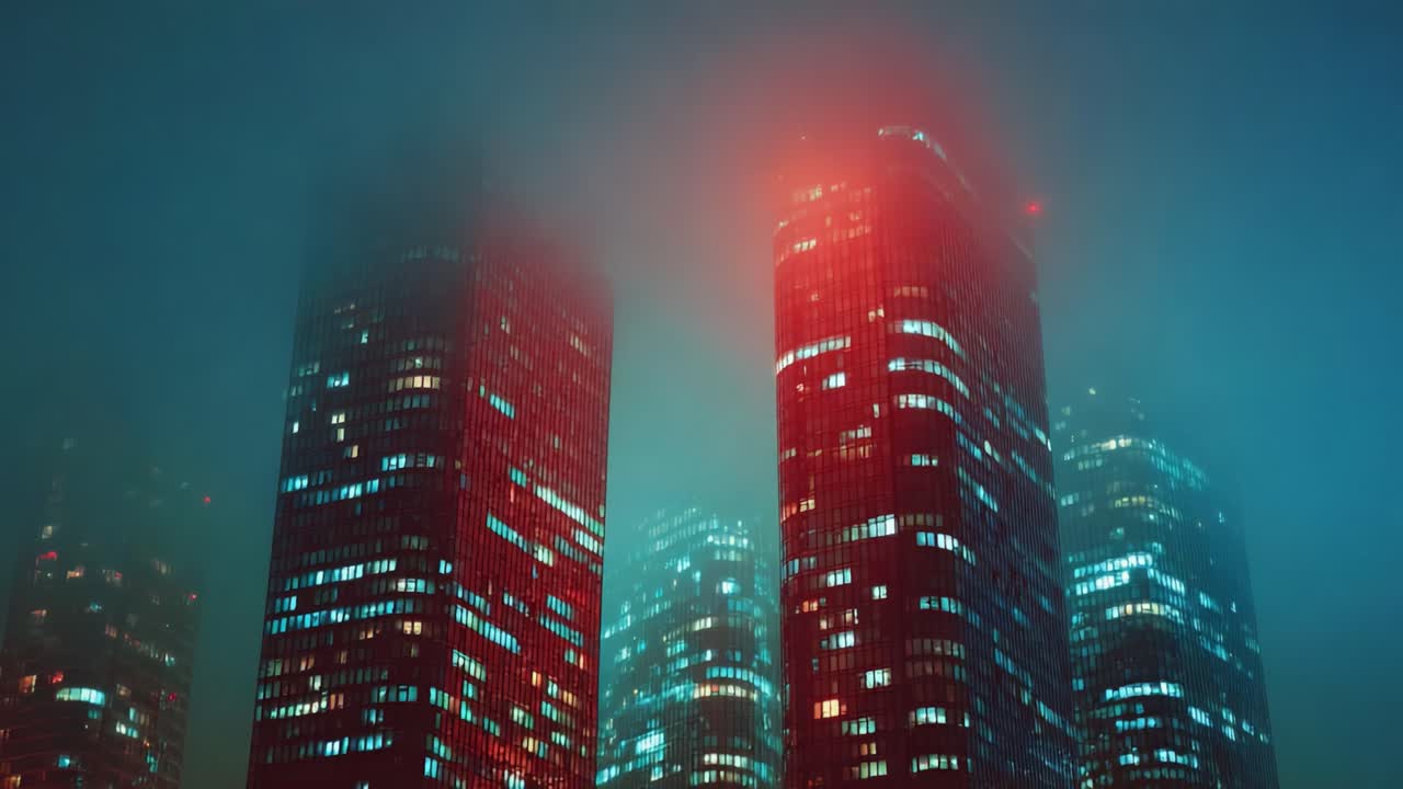 Mysterious Urban Skyline Illuminated by Fog and Neon Lights: A Captivating Journey Through Modern Architecture in a Misty Night Landscape