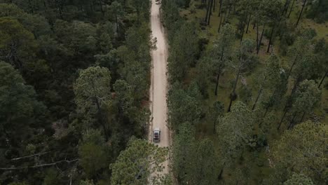 Vista-Aérea-De-Arriba-Hacia-Abajo-De-La-Conducción-En-Jeep-A-Lo-Largo-De-La-Carretera-A-Través-Del-Bosque-Hasta-La-Cima-De-La-Montaña,-Toma-De-Seguimiento