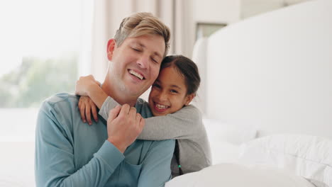 Face-of-father,-child-and-hug-in-bedroom